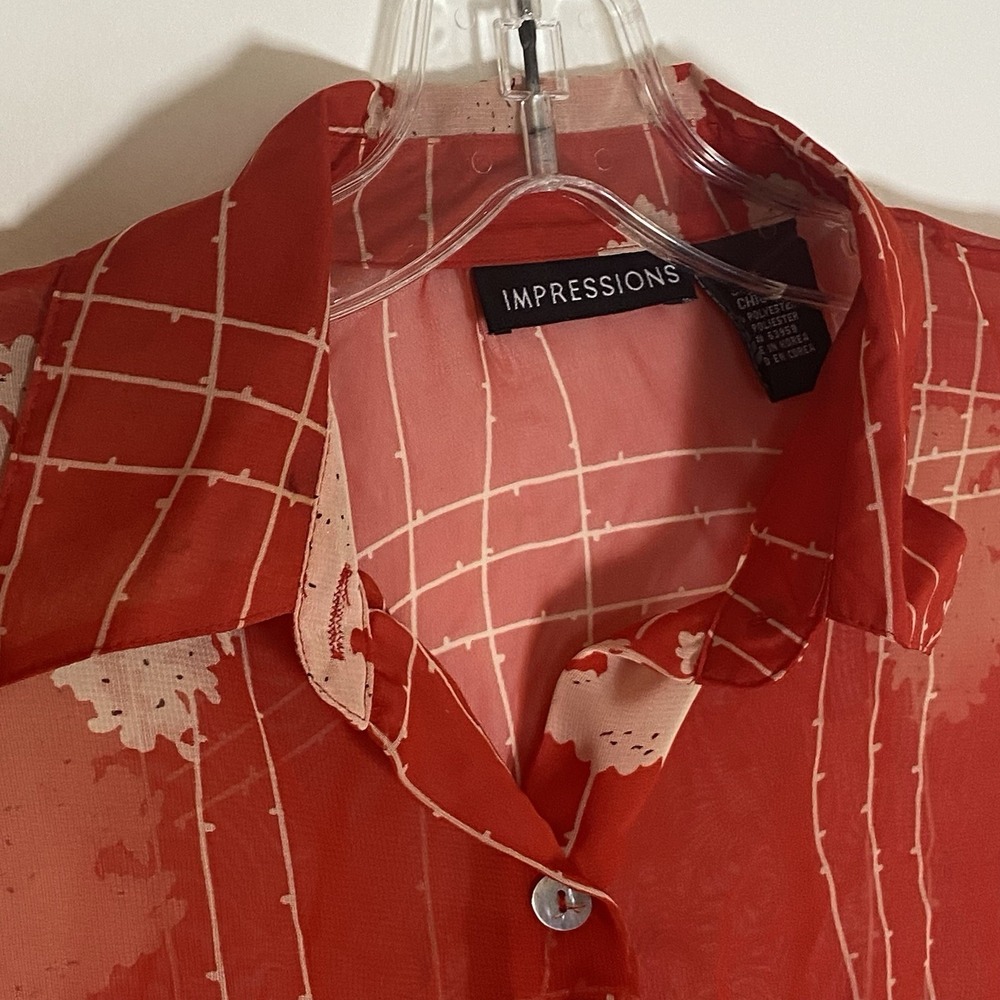 Impressions Top Womens Small Red Multi Abstract Sheer Classy Button Up Dressy S - Picture 8 of 16